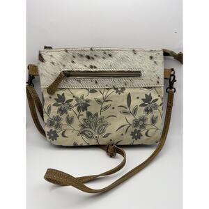 Myra Purse Posy Crossbody Bag Upcycled Canvas & Cowhide, EUC 7.5” x 9.5”